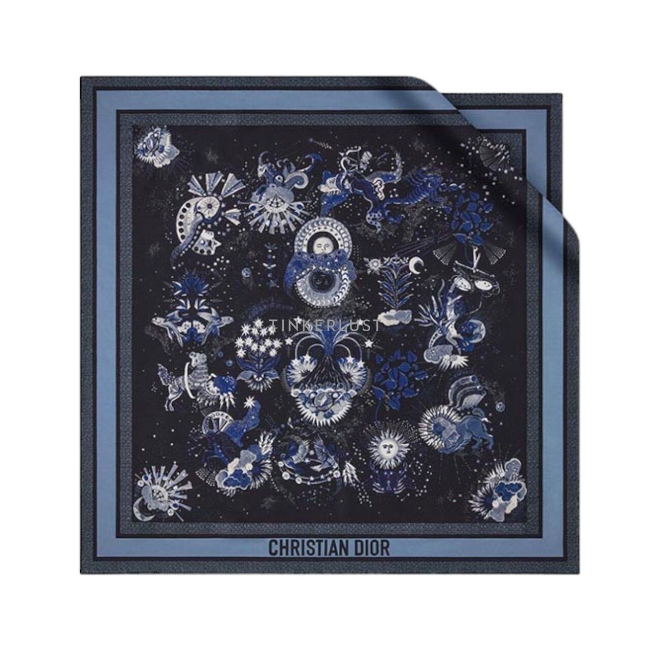 Christian Dior Zodiac Fantastico 90 Square Scarf in Dark Blue Muticolor Silk Twill