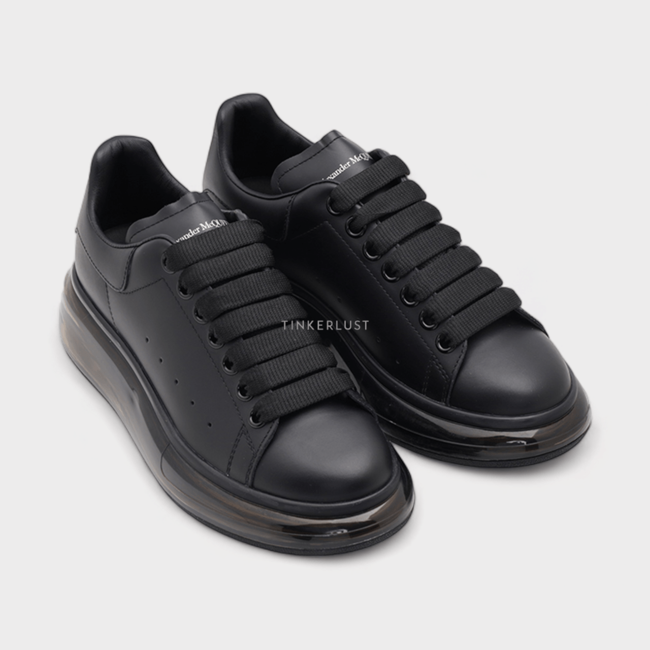 ALEXANDER MCQUEEN Women Transparent Oversized Lace-up Sneakers in All Black Smooth Leather