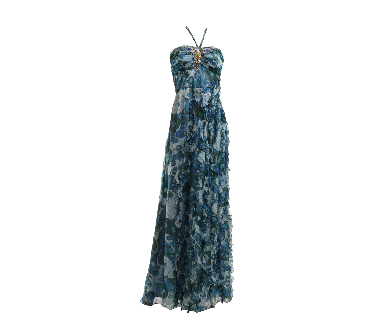 Fluorescence Blue Patterned Sequins Halter Neck Long Dress