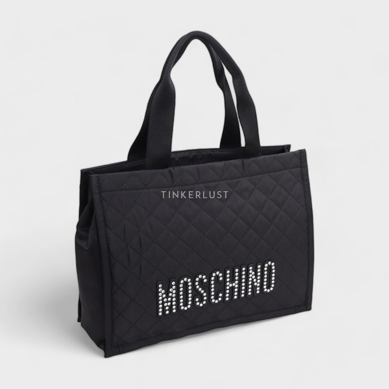 Moschino Crystal Embellished Logo Padded Tote Bag in Black Quilted