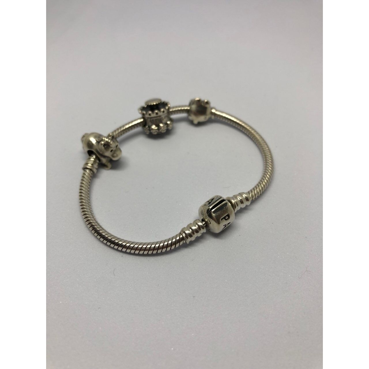 Pandora Moments Snake Chain Bracelet with 3 Charms (Horse, Birthday, Rabbit)