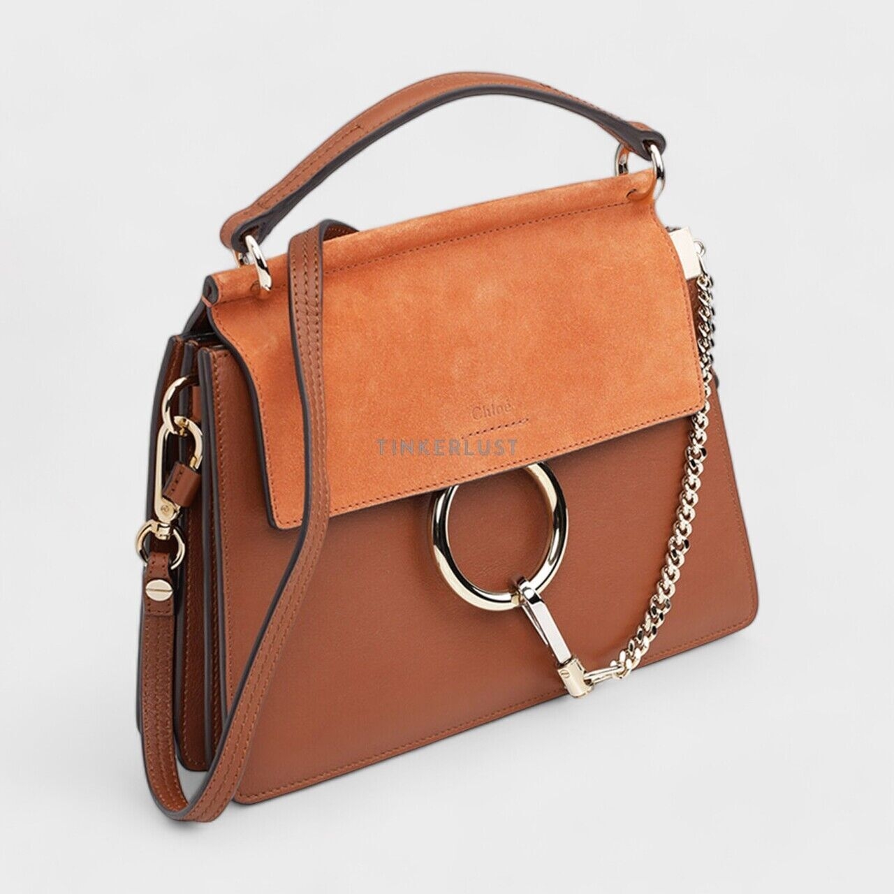 Chloe Small Faye Top Handle Bag in Classic Tobacco Smooth Leather & Suede Satchel