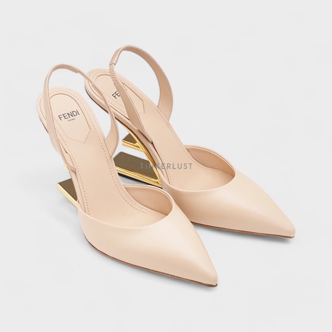 Fendi Women First Slingback Pumps 95mm in Pale Pink Leather with Diagonal F-Shaped Heels