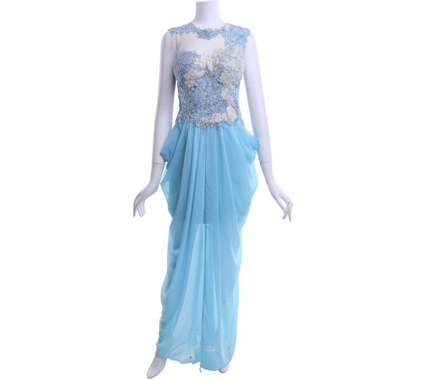 Bernarosa Blue And Cream Lace Long Dress