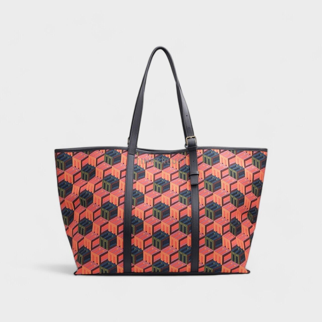 MCM Medium Cubic Monogram Shopper Tote Bag in Black Multicolor with Pouch