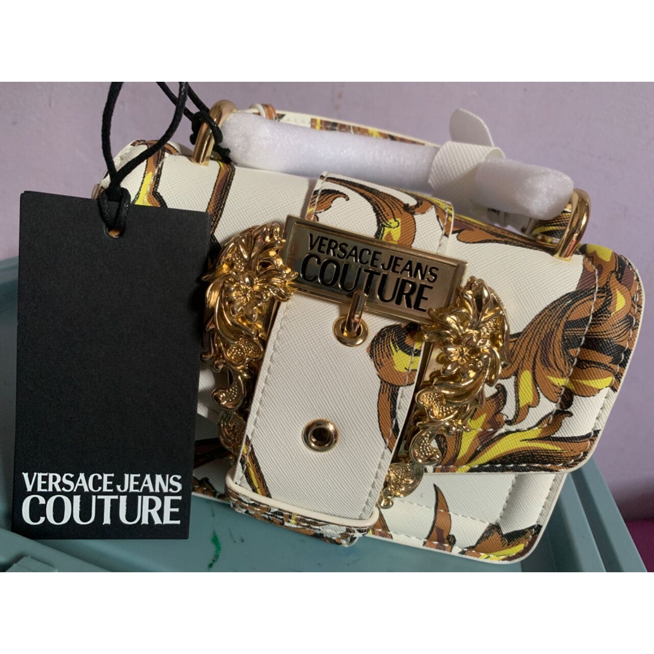 Versace Jeans Couture Buckle Top Handle Off White Sling Bag