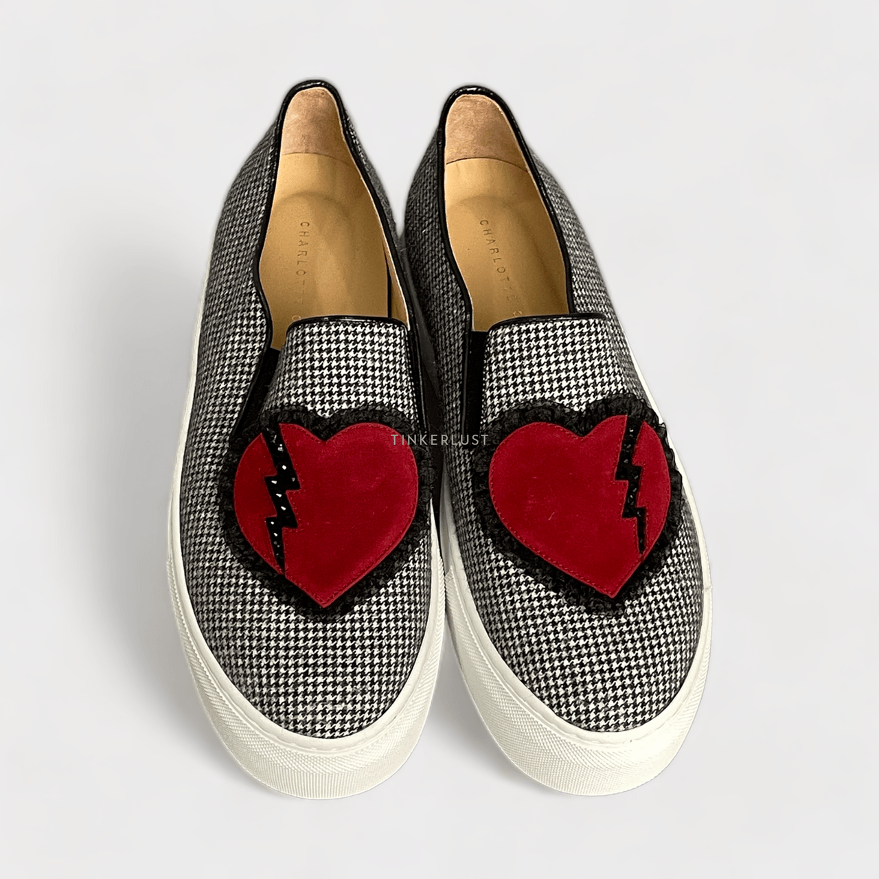 Charlotte Olympia White and Black Broken Heart Alex Slip-On Sneakers 