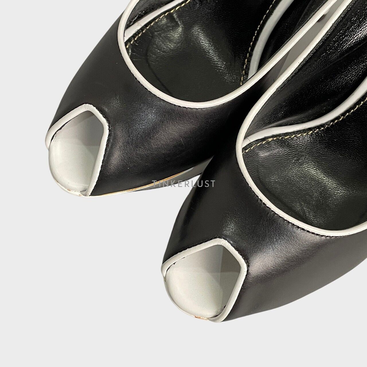 Sergio Rossi Peep Toe Slingback Contrast Piping Black Leather Heels