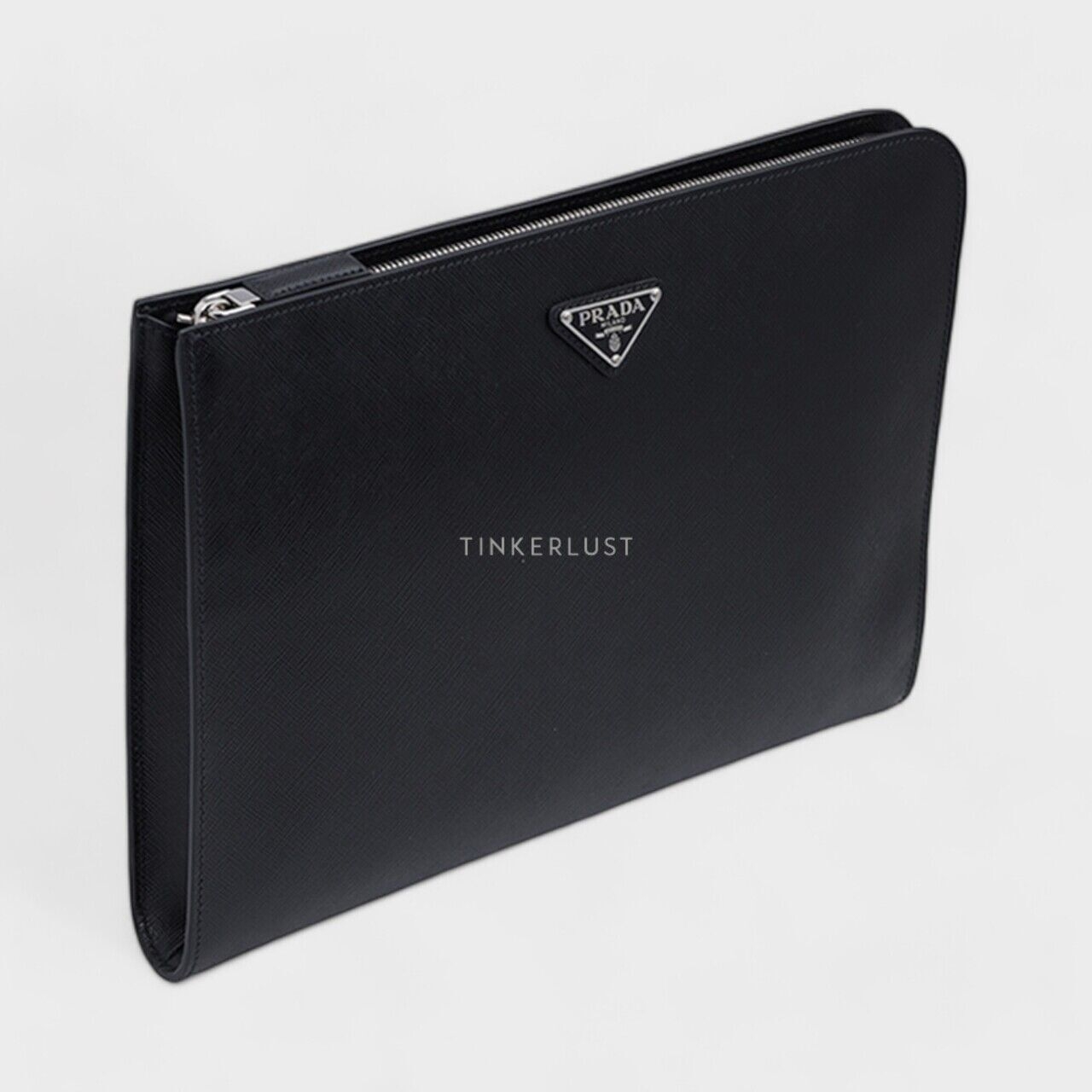 Prada Triangle Logo Zipper Briefcase in Black Saffiano Leather Pouch