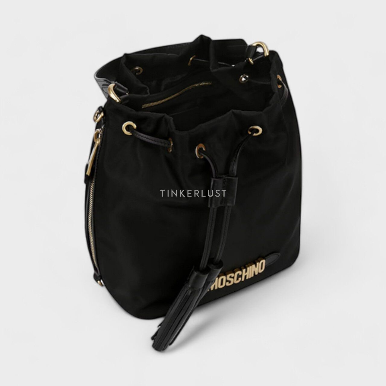 Moschino Small Lettering Logo Bucket Bag in Black with Tassels Satchel