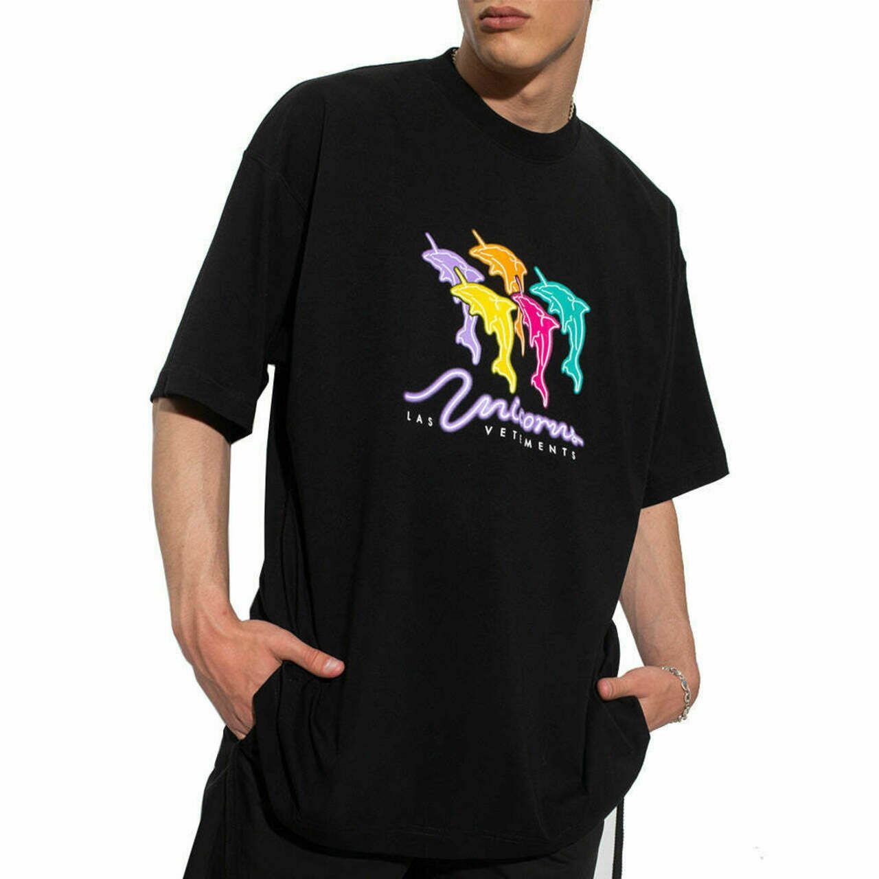 Vetements Dolphin Unicorn Print T-Shirt Black Multicolor