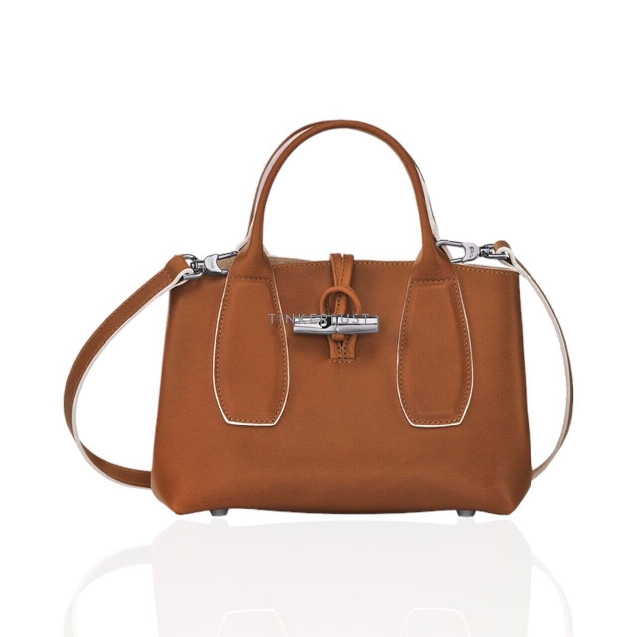 Longchamp Small Roseau in Cognac Leather with White Leaning Top Handle Satchel Bag