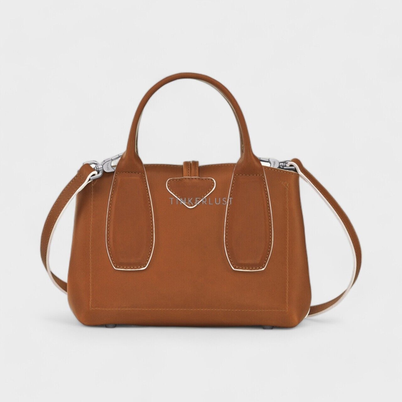Longchamp Small Roseau in Cognac Leather with White Leaning Top Handle Satchel Bag