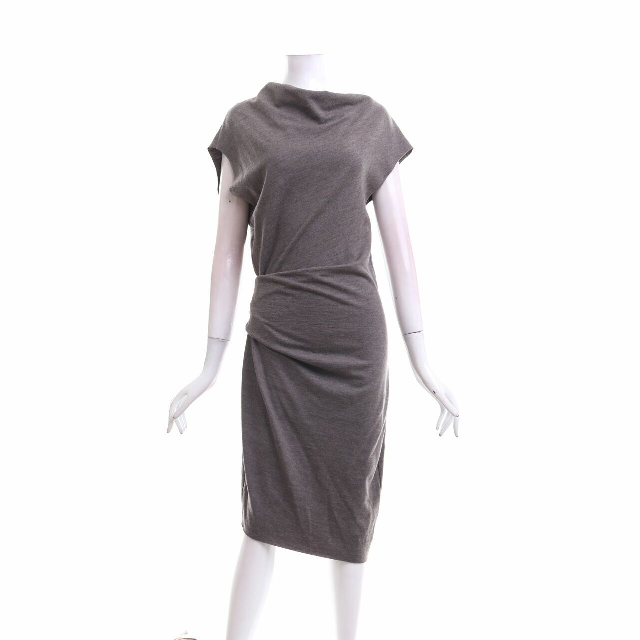 Helmut Lang Sonar Asymmetrical Wool Grey Ruched Midi Dress