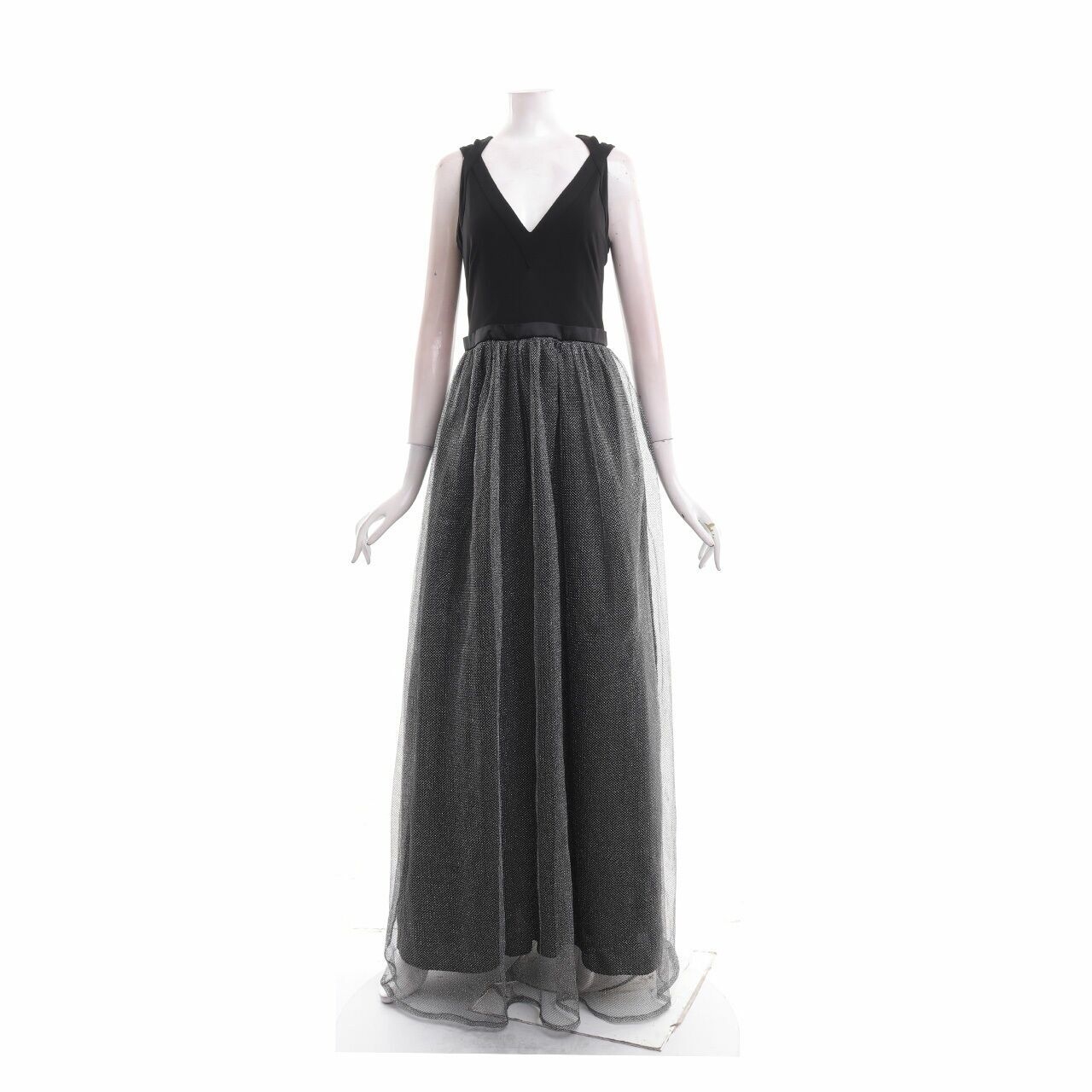 Aidan Mattox Silver/Black Tulle Long Dress