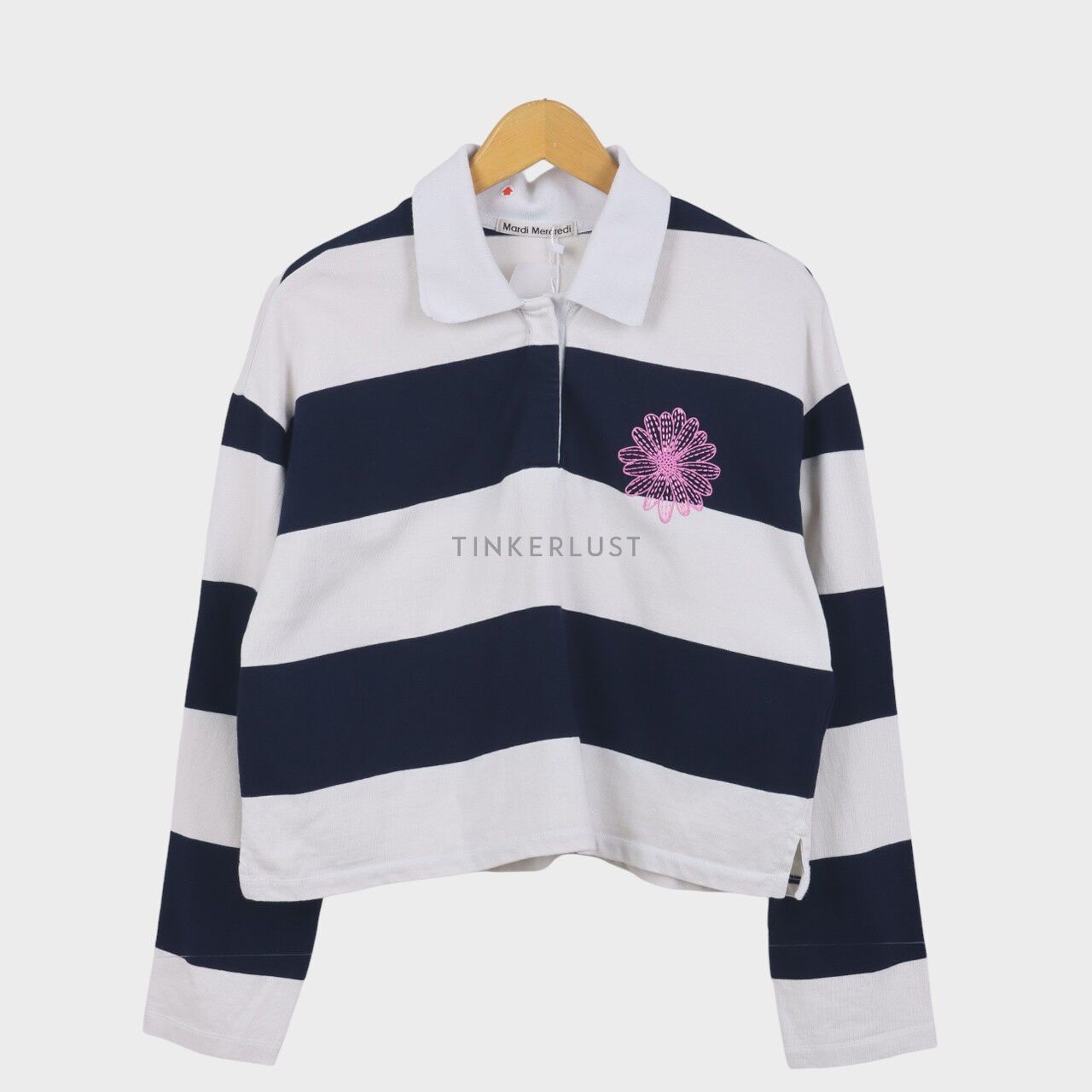 Mardi Mercredi Beige & Navy Stripes Long Sleeve Polo Shirt