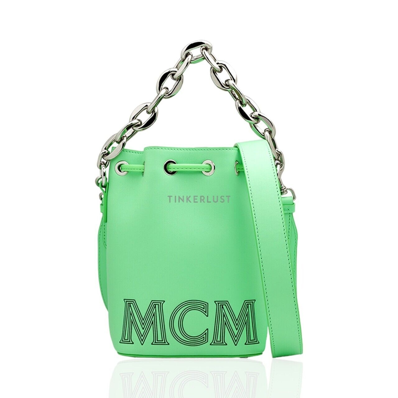 MCM Mini Drawstring Bucket Bag in Summer Green with Chain Handle Satchel