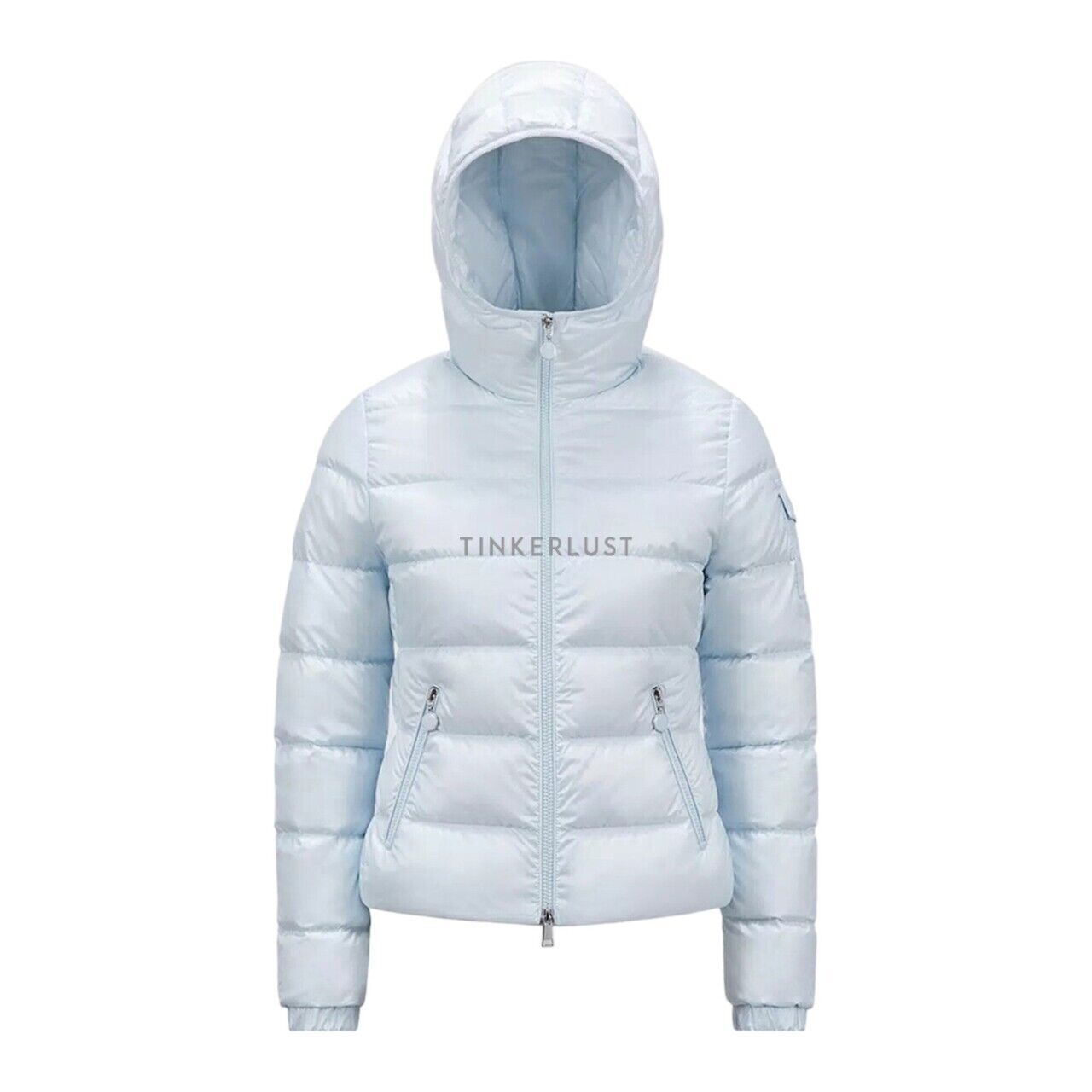 Moncler Women The Gles Short Down Jacket in Light Blue with Hoodie