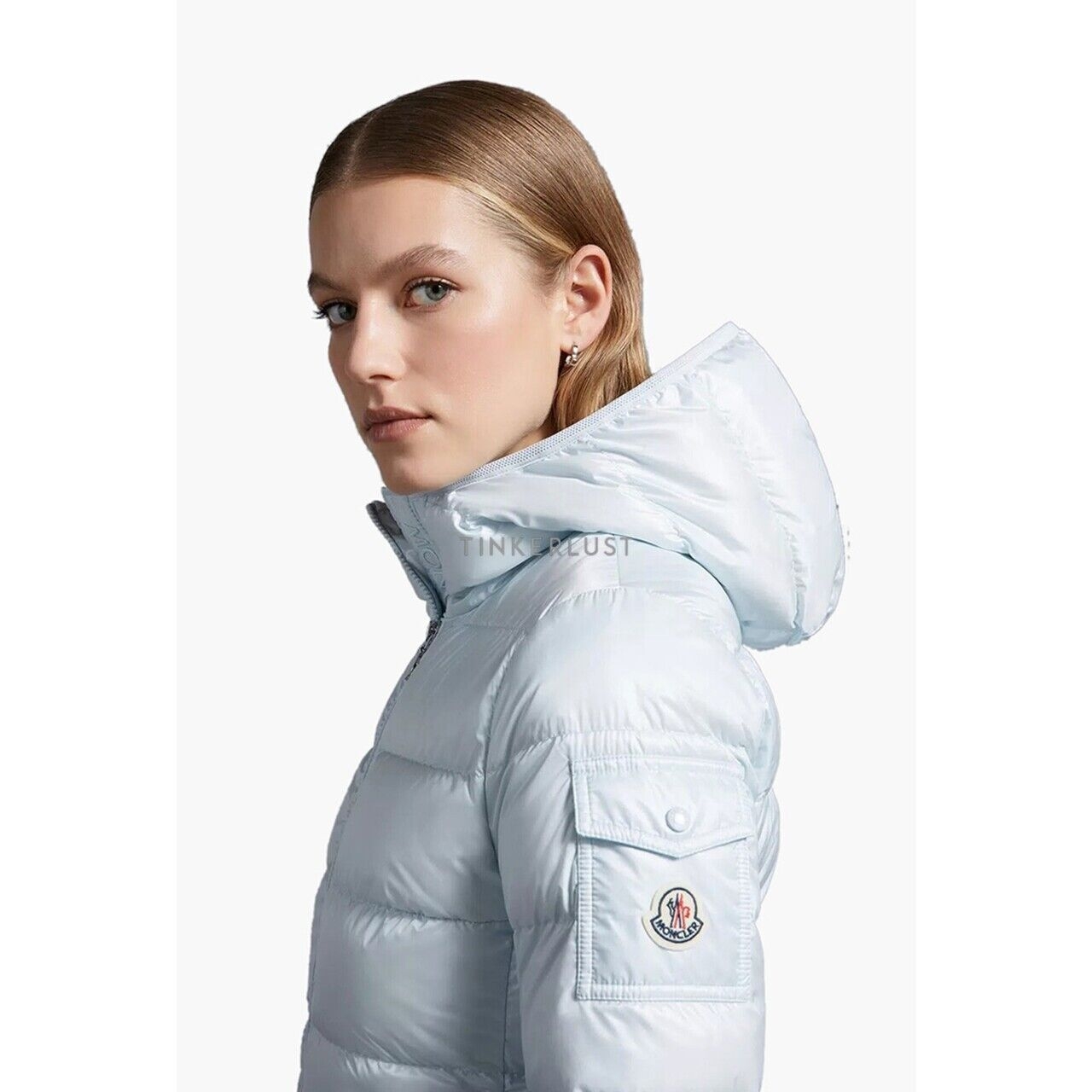 Moncler Women The Gles Short Down Jacket in Light Blue with Hoodie