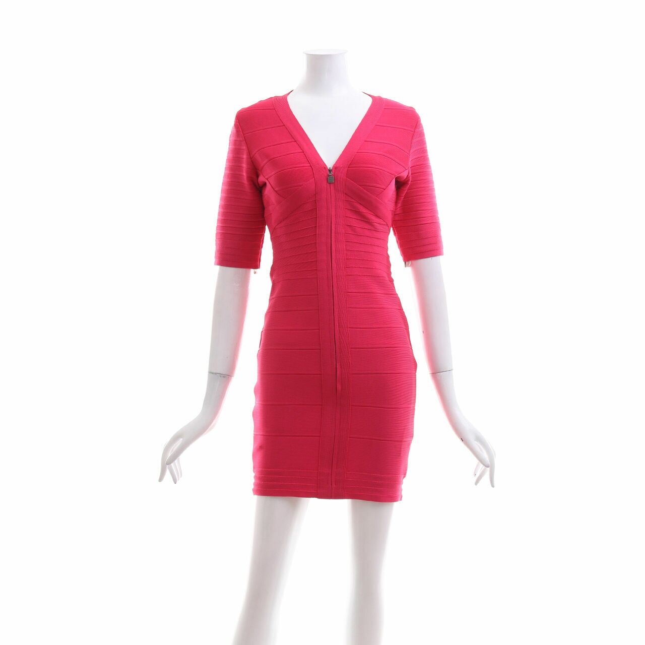 Herve Leger Pink Bright Rose Zip Front Bandage Stretch Mini Mini Dress