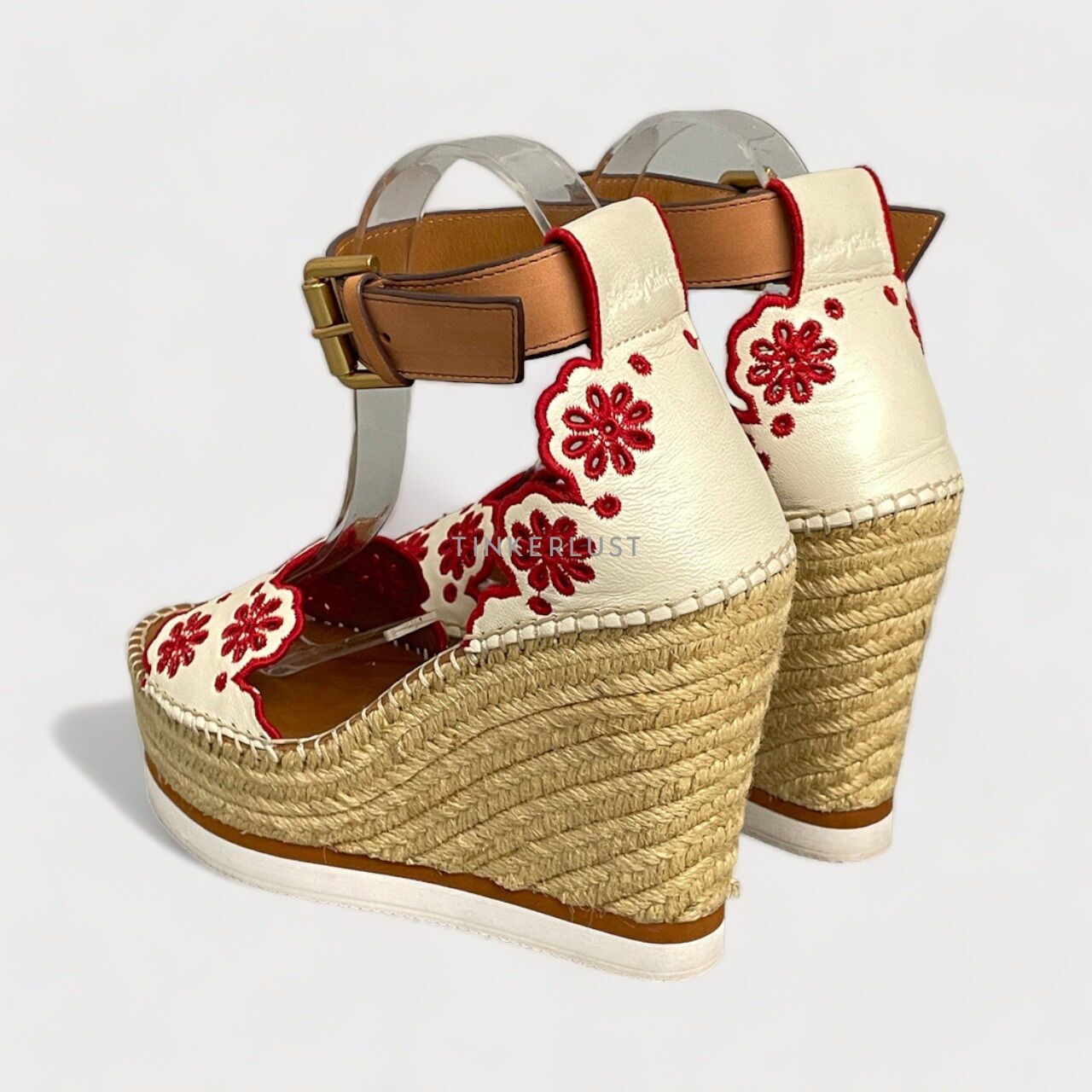 See By Chloe Glyn Floral Embroidered Platform Ivory Leather Wedges