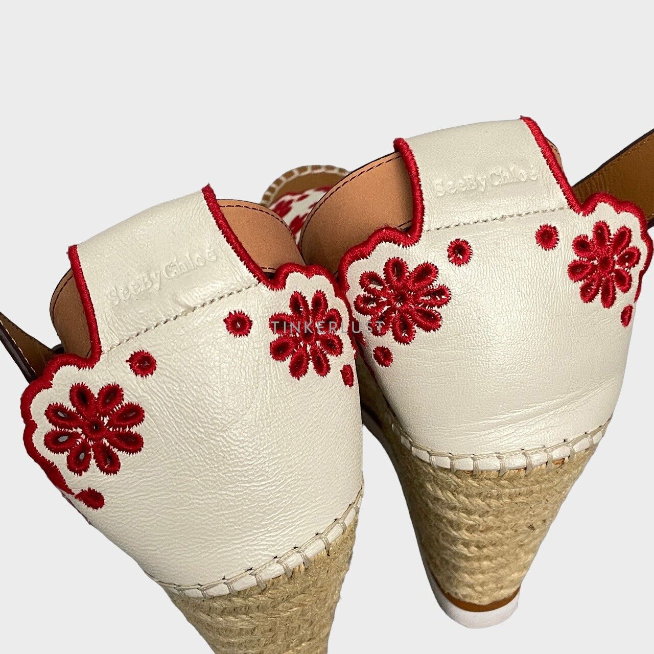 See By Chloe Glyn Floral Embroidered Platform Ivory Leather Wedges