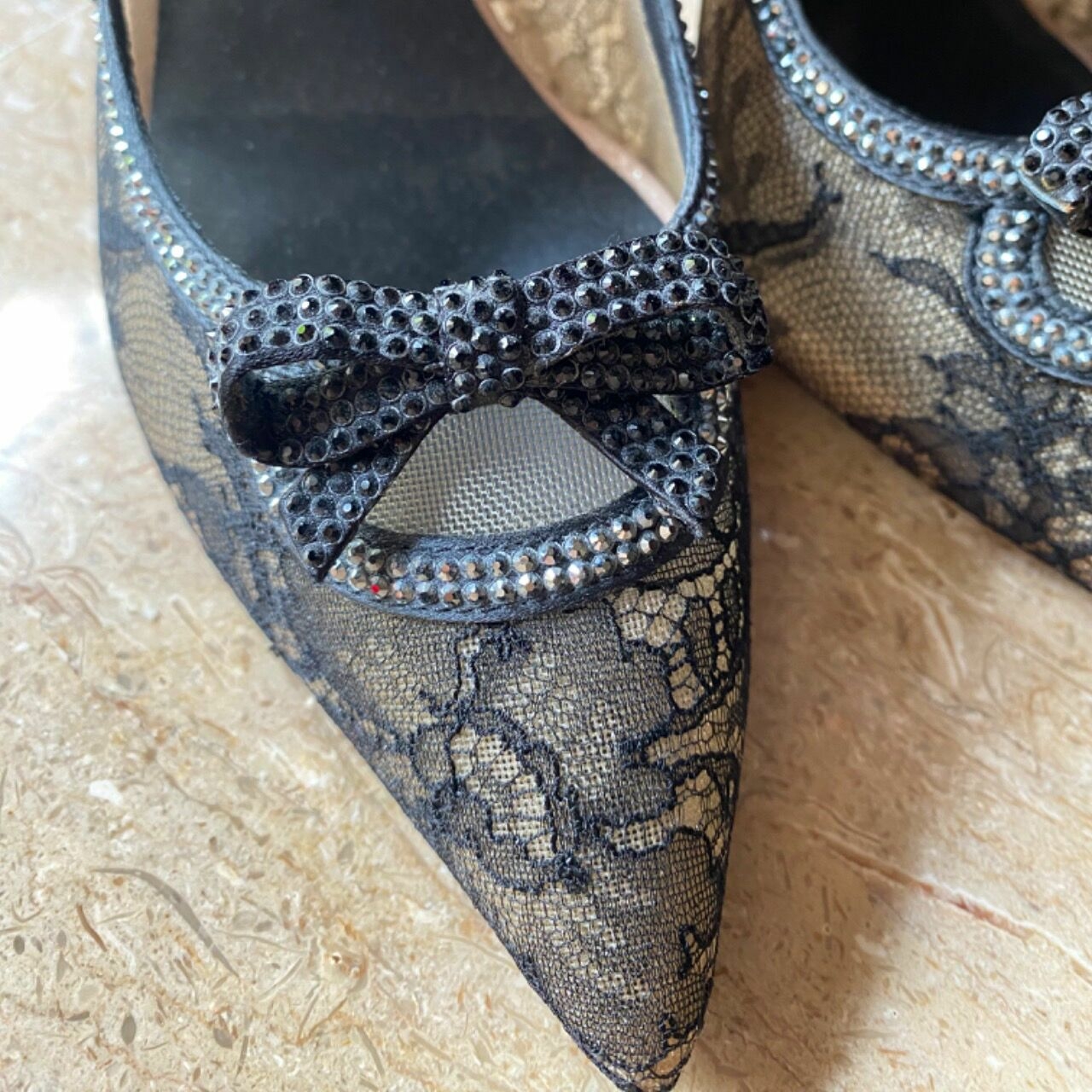 Rene Caovilla Black Floral Lace Heels