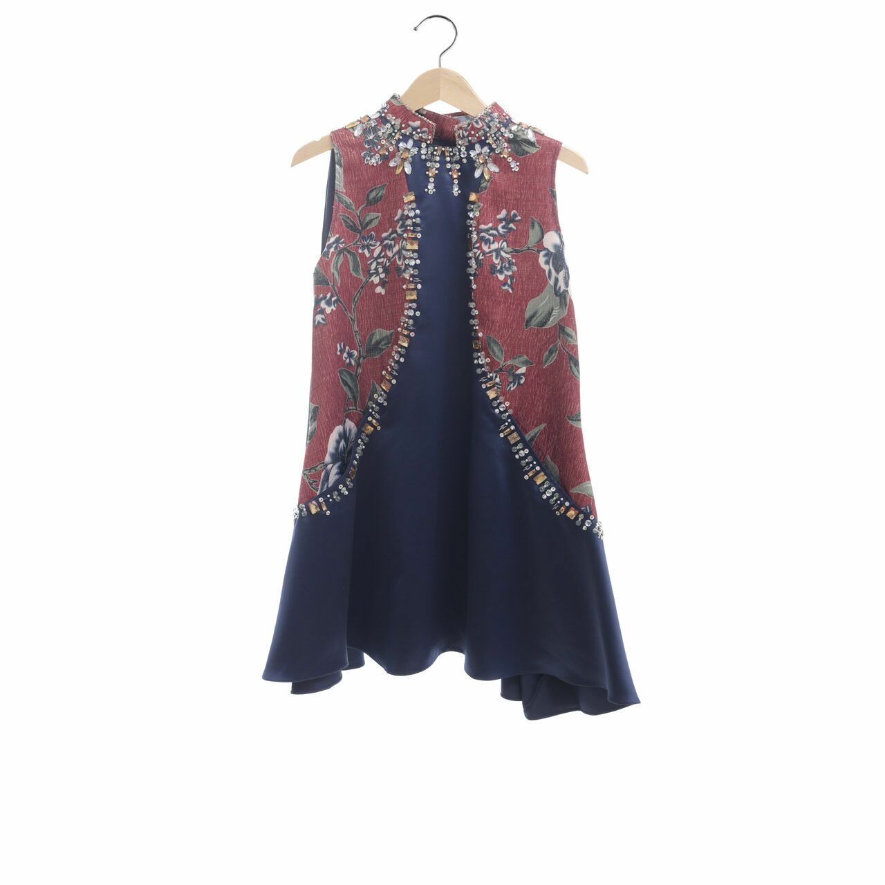 AVA Navy & Red Floral With Beaded Midi Dress