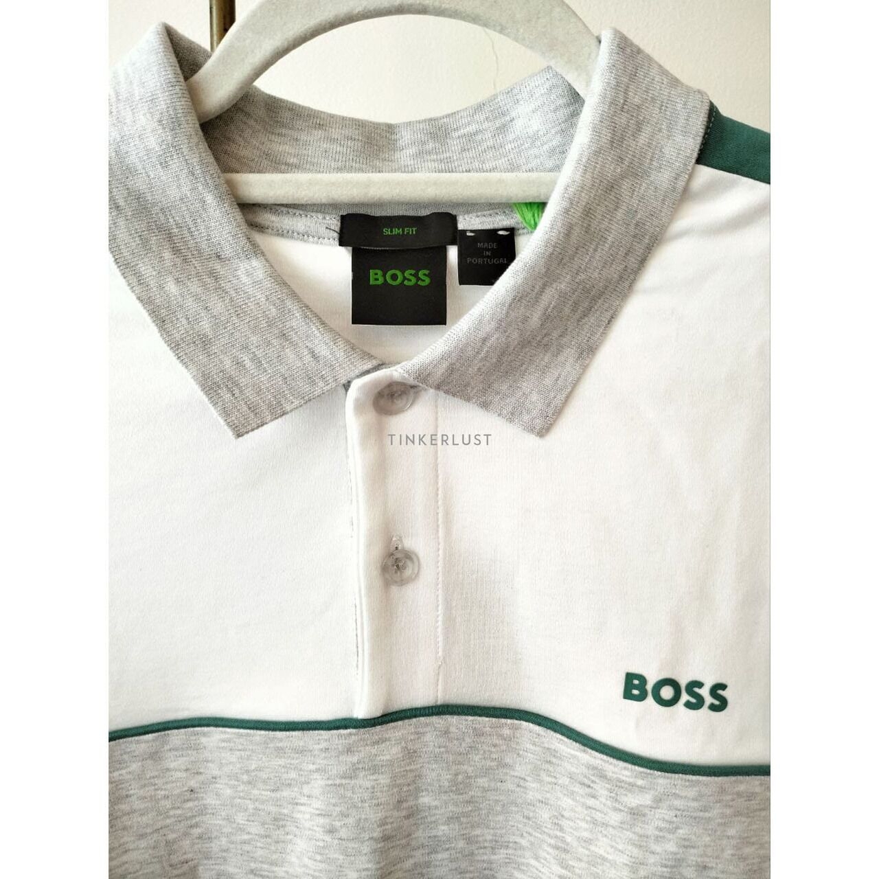 Hugo Boss Man Polo Shirt Jersey in Pastel Grey with Green Logo 