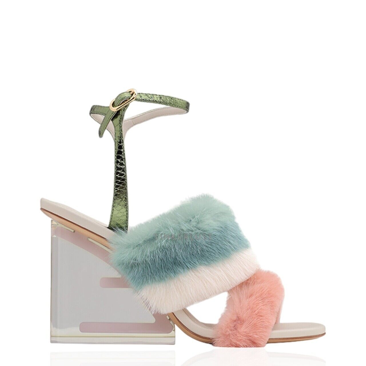 Fendi Women First Ankle Strap 95mm in Pink/White/Teal Mink with Diagonal F Transparent Heels