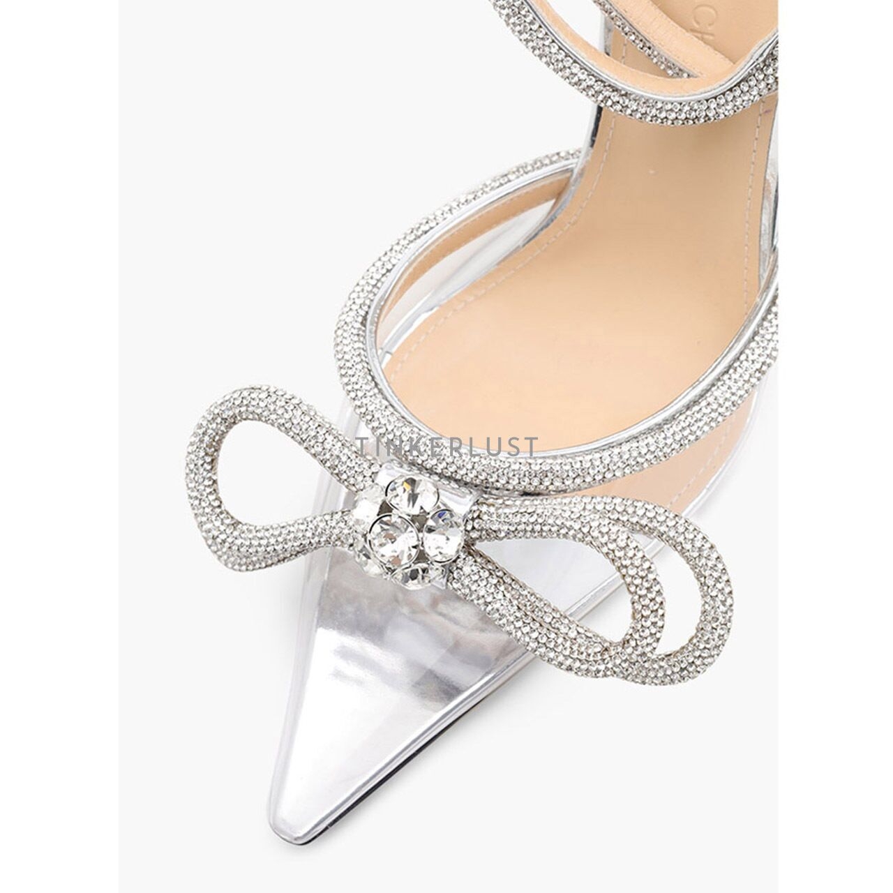 MACH & MACH Women Crystal Double Bow Ankle Strap Pumps 110mm in Transparent Silver