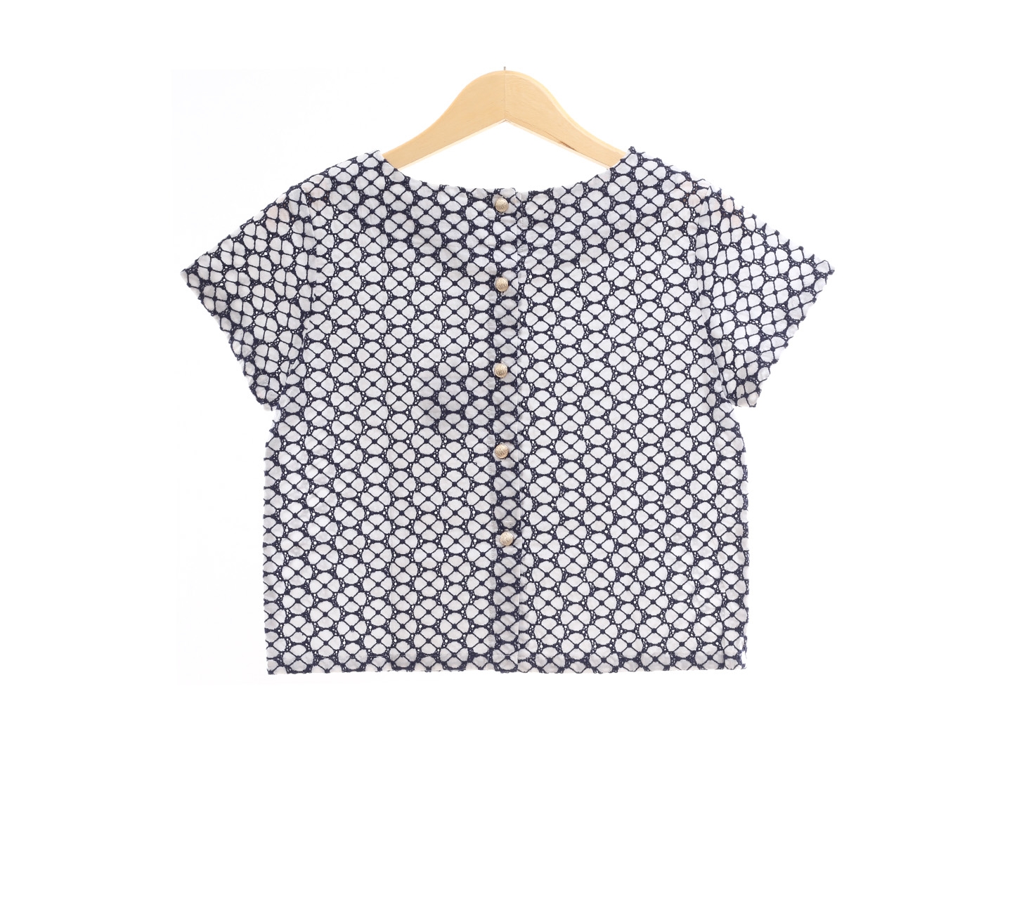 Dot d'tails White & Navy Perforated Button Back Blouse