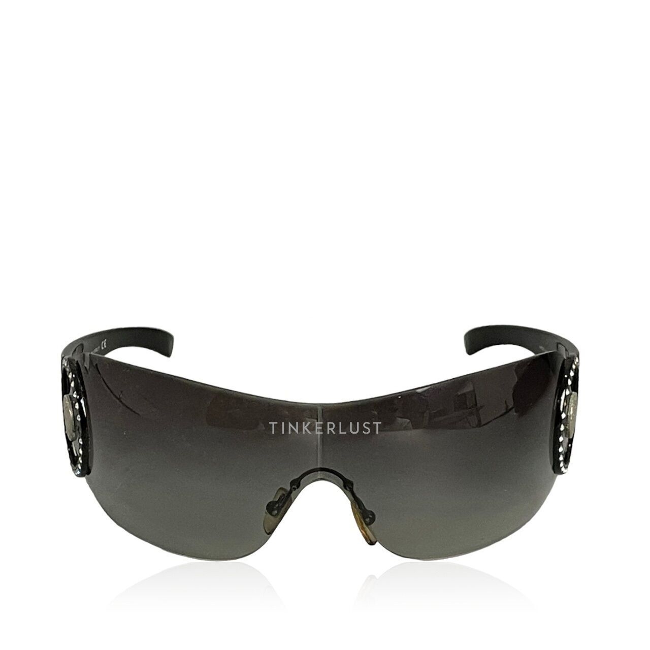 Versace Black Rhinestone Medusa Logo Rimless Shield Wrap Sunglasses