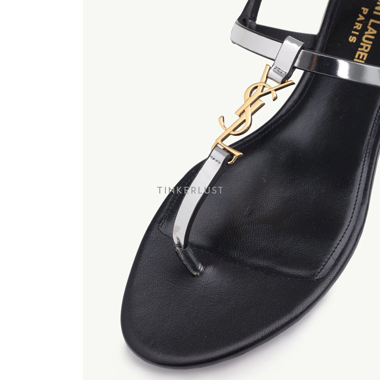 Saint Laurent Women Cassandra Flat Ankle Strap Sandals in Argent Reflective Leather with Gold-Tone Monogram