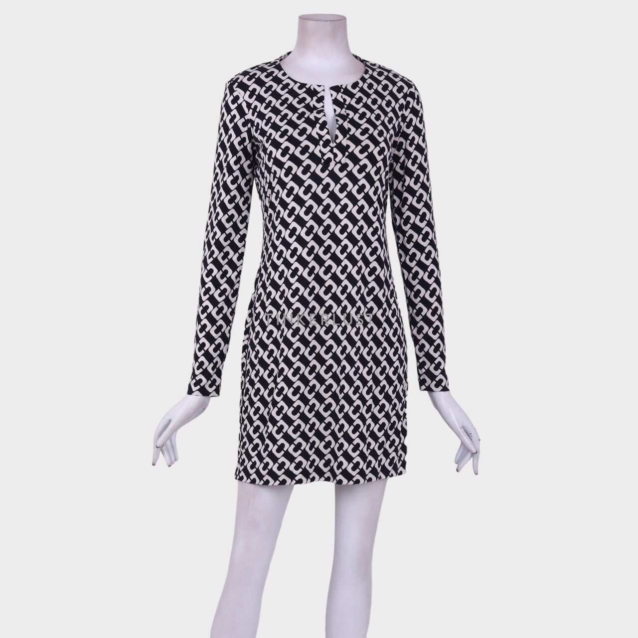 Diane Von Furstenberg Reina Printed Long Sleeve Black Jersey Mini Dress