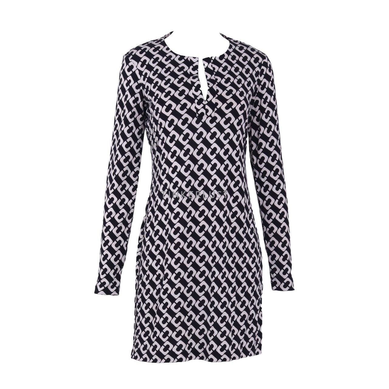 Diane Von Furstenberg Reina Printed Long Sleeve Black Jersey Mini Dress