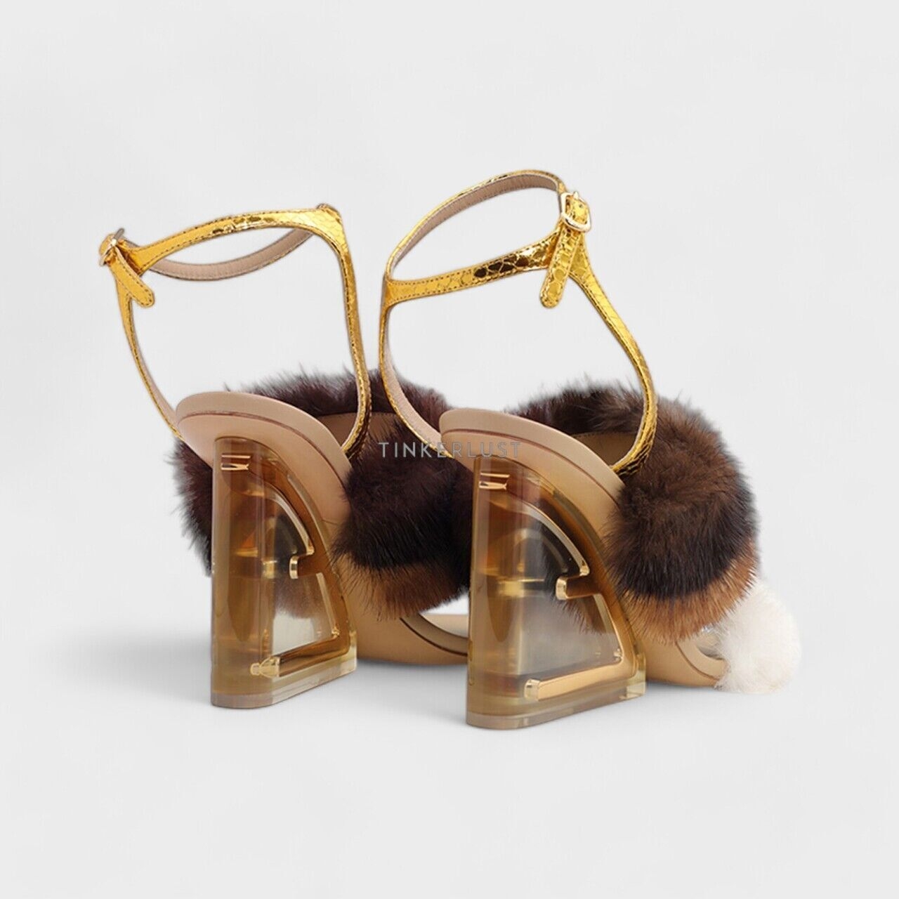 Fendi Women First Ankle Strap Sandals 95mm in White/Brown/Black Mink with Diagonal F Transparent Heels