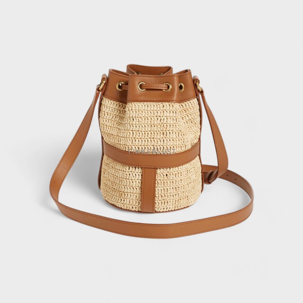 Saint Laurent Drawstring Bucket Bag in Natural/Brown Raffia x Calfskin Sling Bag