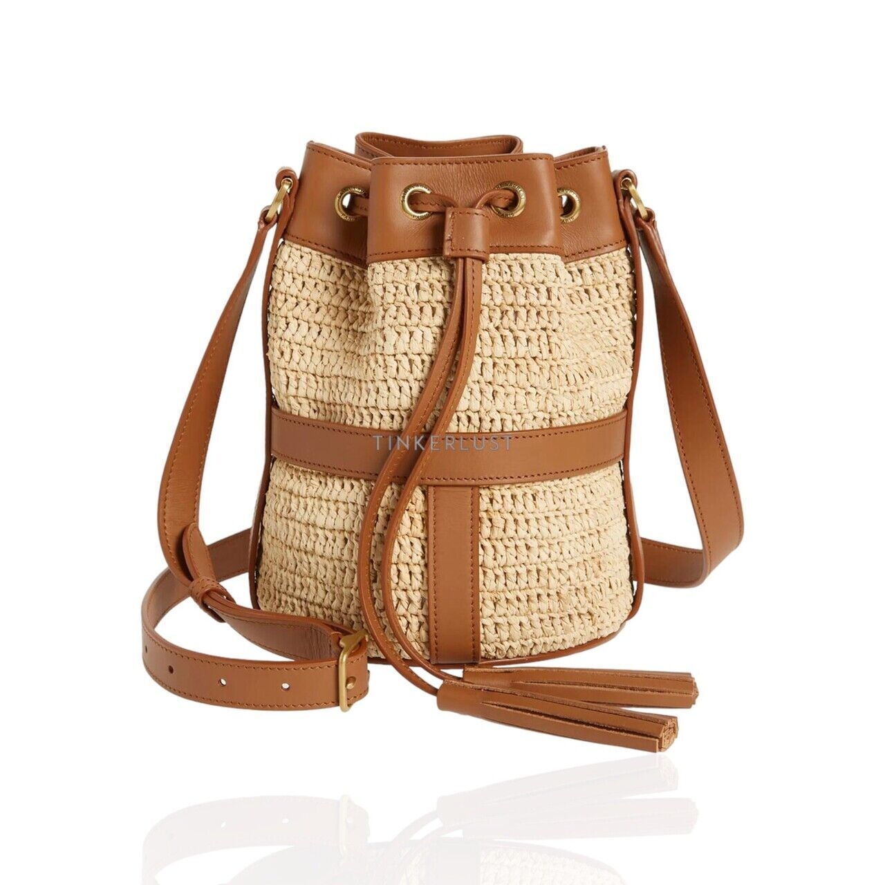 Saint Laurent Drawstring Bucket Bag in Natural/Brown Raffia x Calfskin Sling Bag