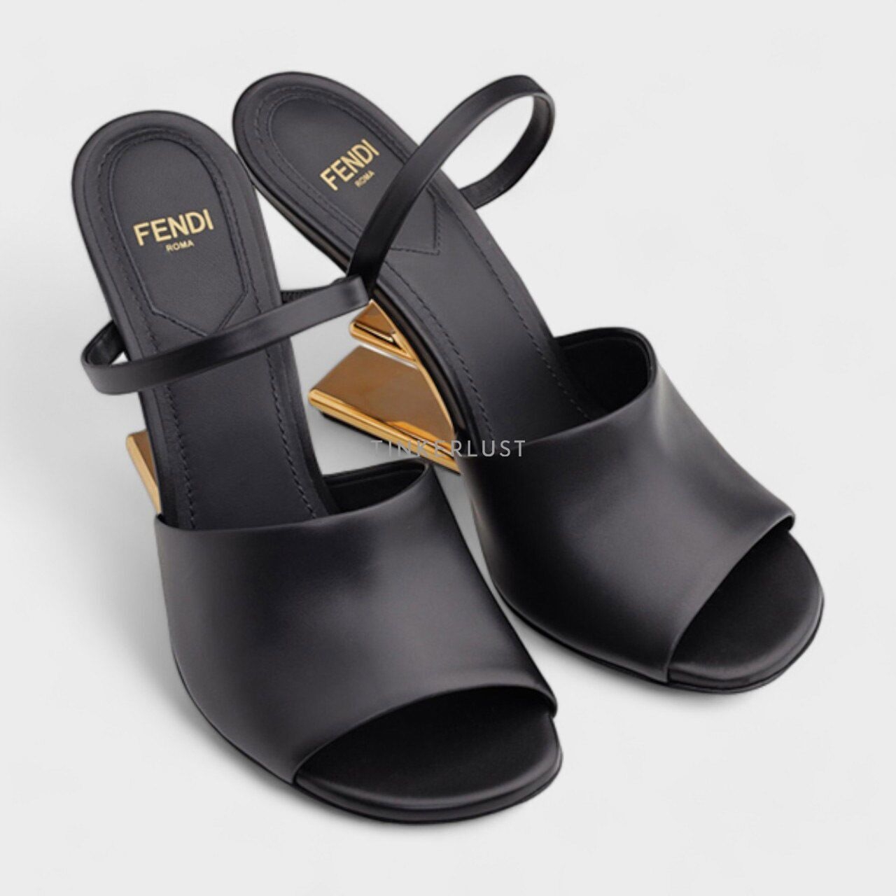 Fendi Women First Open Toe Sandals 105mm in Black Leather with Diagonal F-Shaped Heels