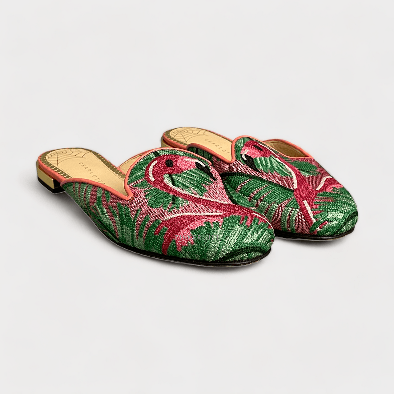 Charlotte Olympia Flamingo Embroidered Multicolor Mules