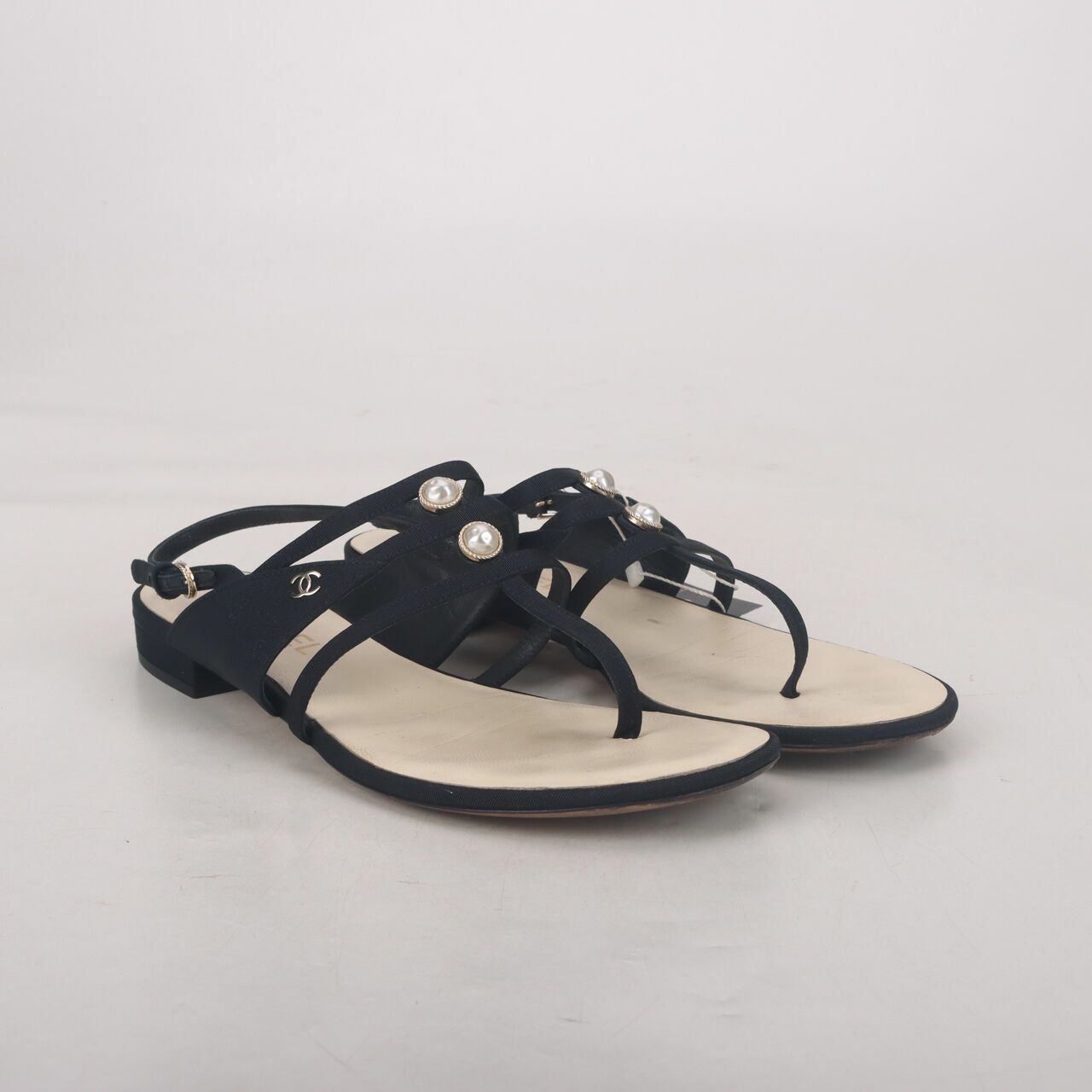 Chanel Grosgrain Black With Pearl Sandals