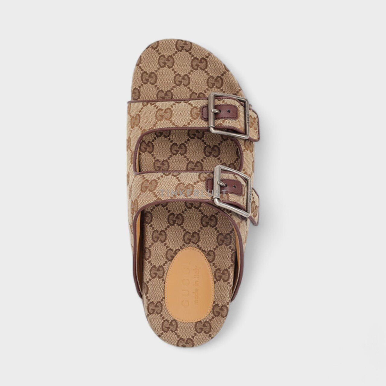 Gucci Men GG Supreme Double Buckle Strap Sandals in Beige/Ebony Sandals