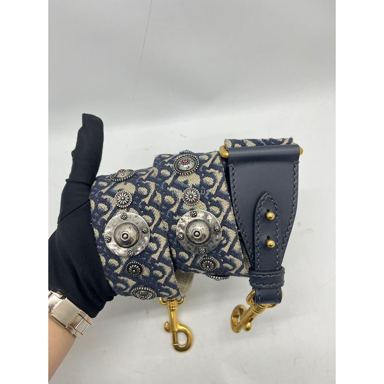 Christian Dior Embroidery Oblique Navy GHW Bag Strap 