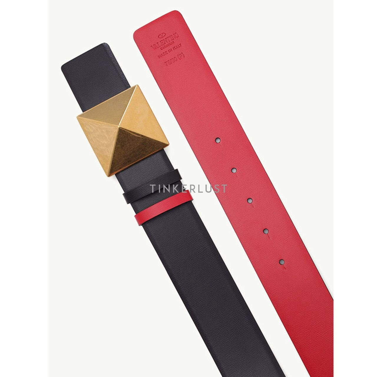 Valentino One Stud 40mm in Black/Pure Red Calfskin Reversible Belt