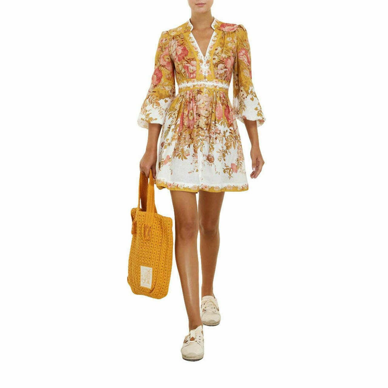 Zimmermann Pattite Plunge Mini Dress Mustard Floral
