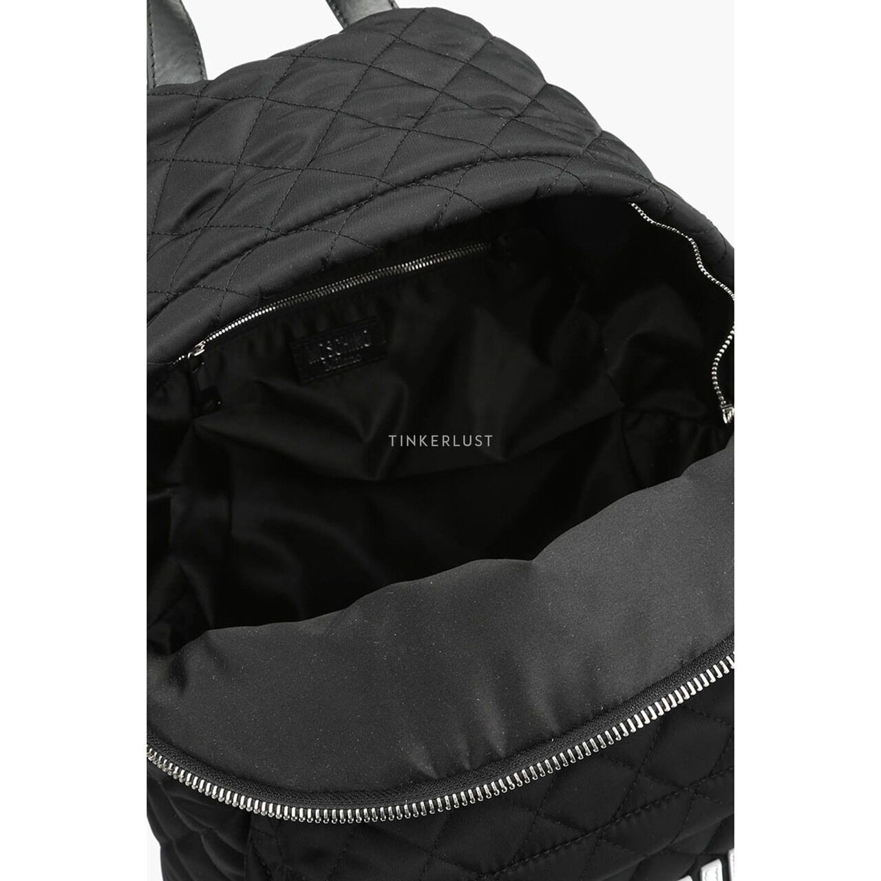 Moschino Men Medium Logo Quilred Nylon Backpack in Black with Silver Logo