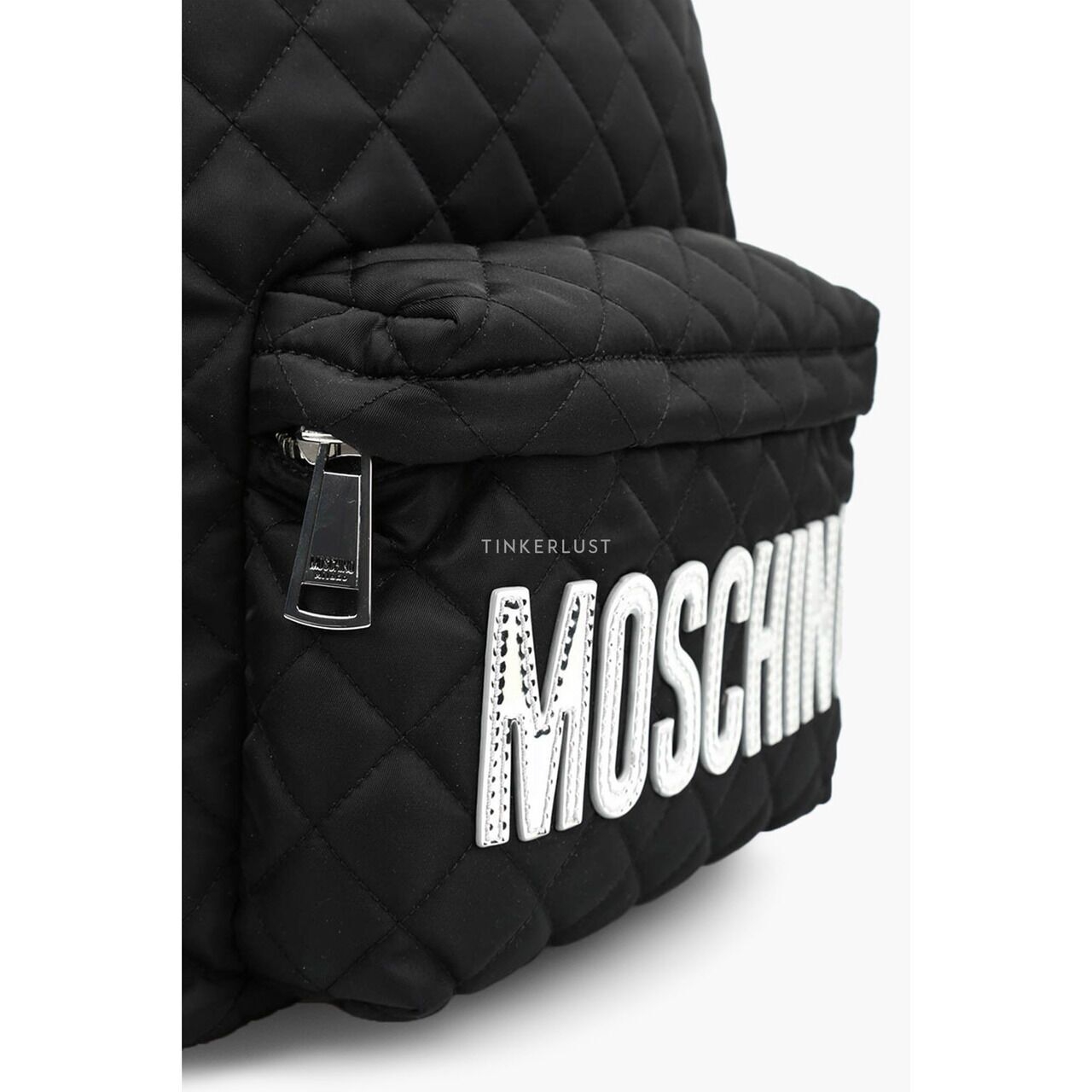 Moschino Men Medium Logo Quilred Nylon Backpack in Black with Silver Logo