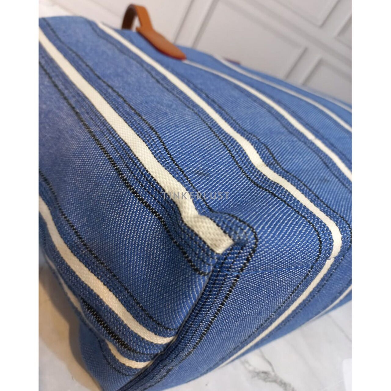 Longchamp Roseau Essential Rayé Large Canvas Blue Stripe Tote Bag
