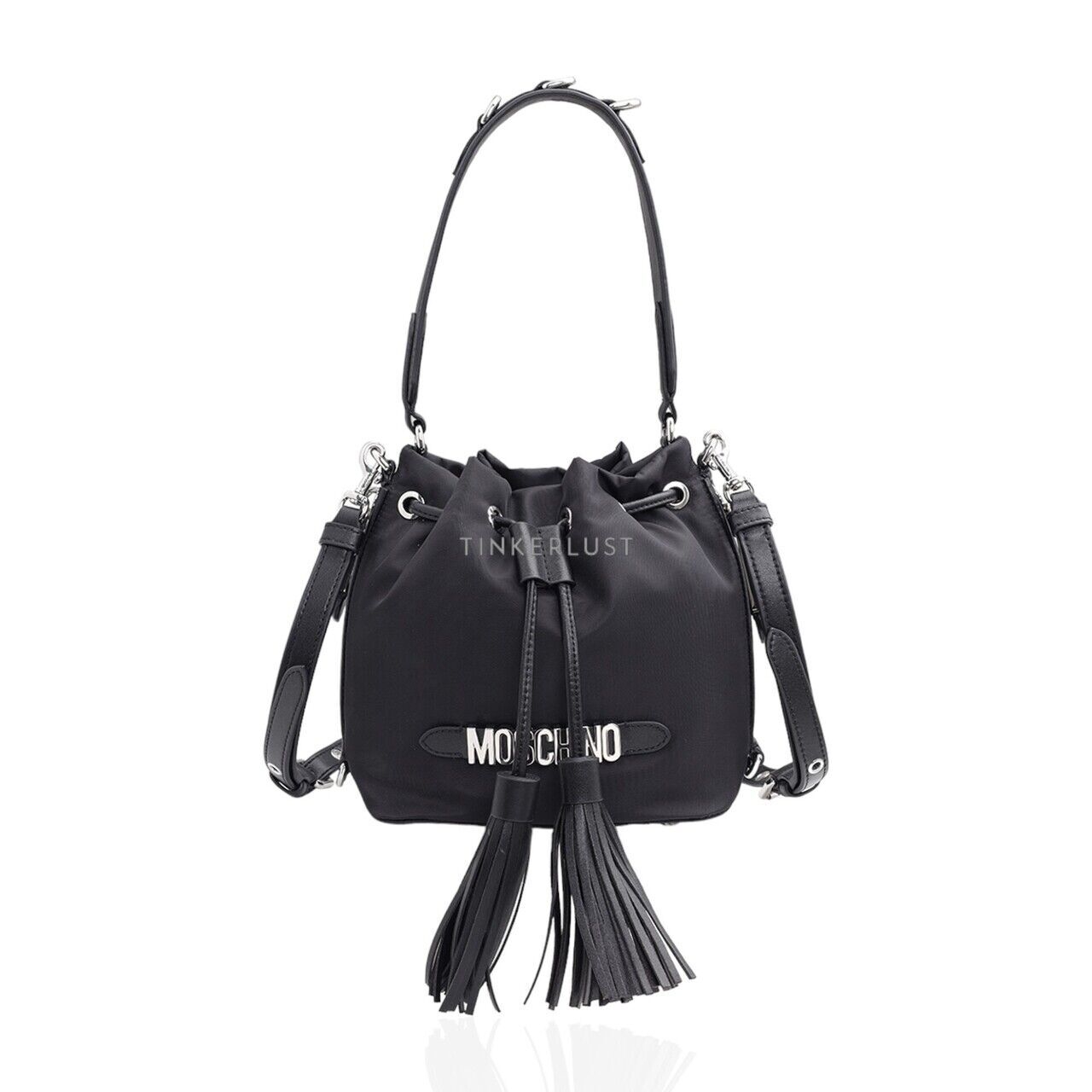 Moschino Mini Lettering Logo In Black SHW with Tassels Bucket Bag